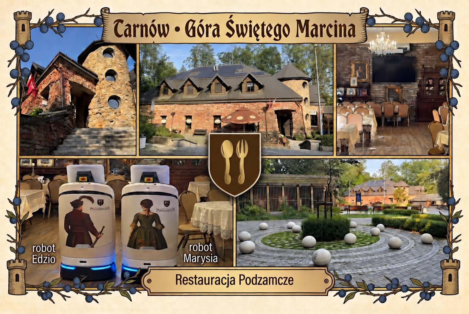 Podzamcze w Tarnowie: kamienny budynek, park i wnętrza restauracji